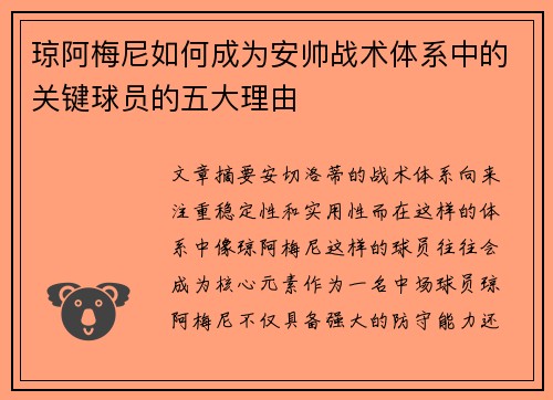 琼阿梅尼如何成为安帅战术体系中的关键球员的五大理由